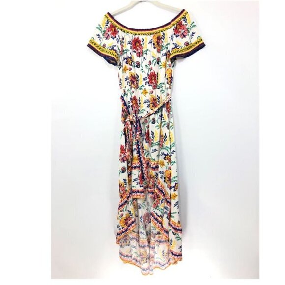 FLYING TOMATO Size M Hi Low Short Sleeve Off Shoulder Dress Flora Colorful Rayon - Picture 1 of 5